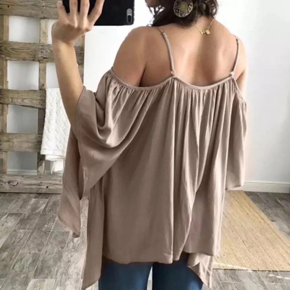 Tassel Tie Front Split V Neck Flowy Mocha Butterfly Blouse - Picture 2 of 8